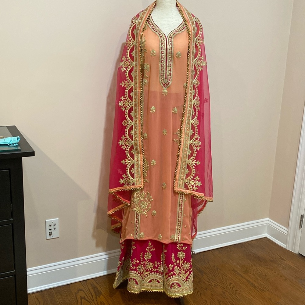 Indian/ Pakistani Peach and Magenta Sharara Suit